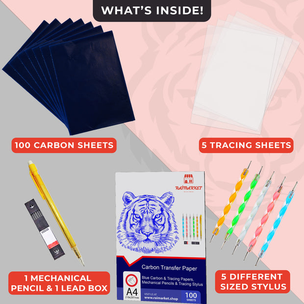 100 Sheets Carbon Transfer Paper,Blue Carbon Copy Paper Tracing Paper with  5pcs